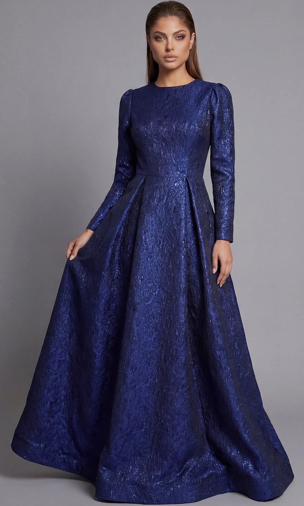 Jovani 45099 - Long Sleeve Metallic Jacquard Evening Gown - designer mother of the bride dress at Silhouette Dresses