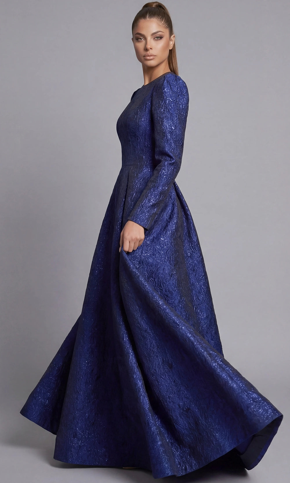 Jovani 45099 - Long Sleeve Metallic Jacquard Evening Gown - detail view
