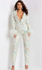 Jovani 45178 - Feather Cuff Metallic Brocade Pantsuit - designer formal jumpsuit at Silhouette Dresses