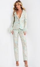 Jovani 45178 - Feather Cuff Metallic Brocade Pantsuit - back view