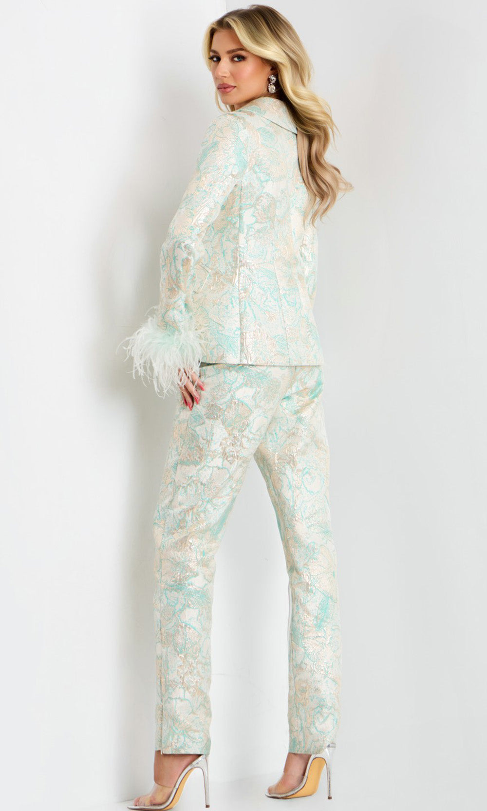 Jovani 45178 - Feather Cuff Metallic Brocade Pantsuit - detail view