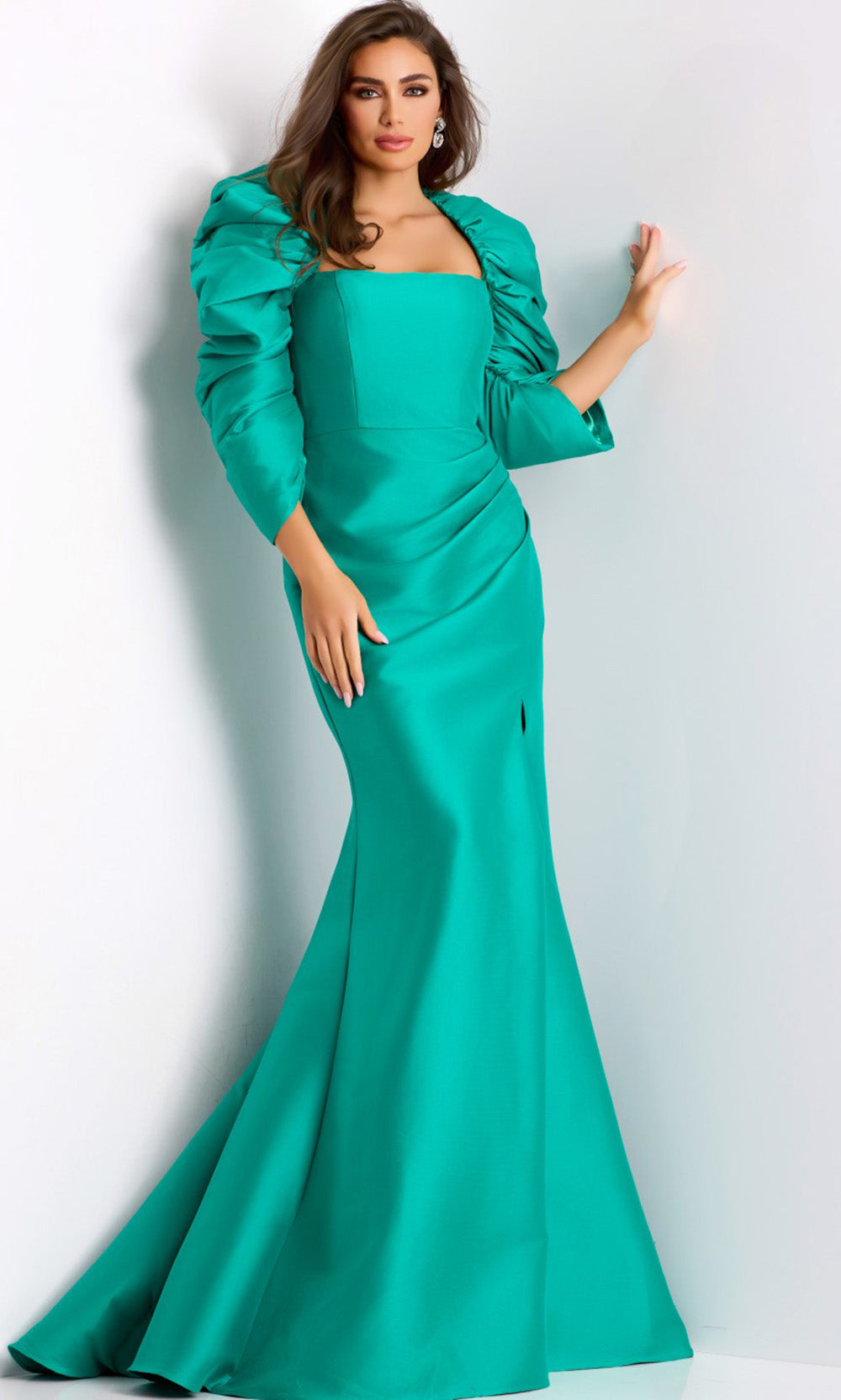 Jovani 45214 - Puff Sleeve Satin Mermaid Gown - back view