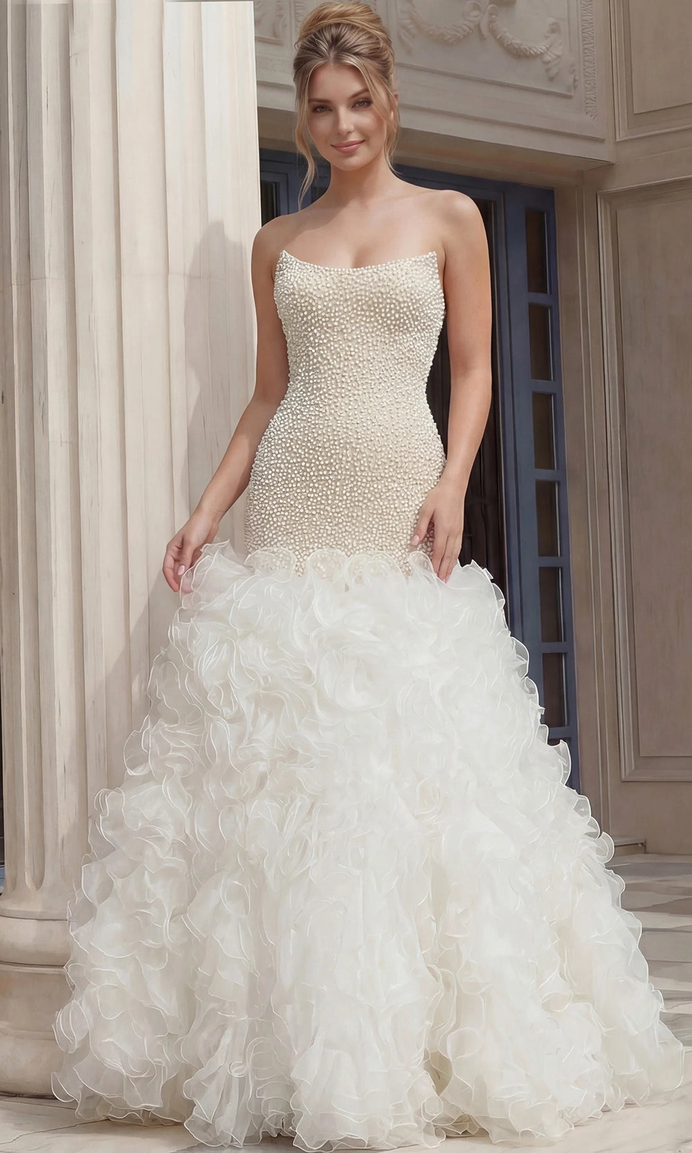 Jovani 45339 - Pearl Embellished Ruffle Mermaid Gown - back view