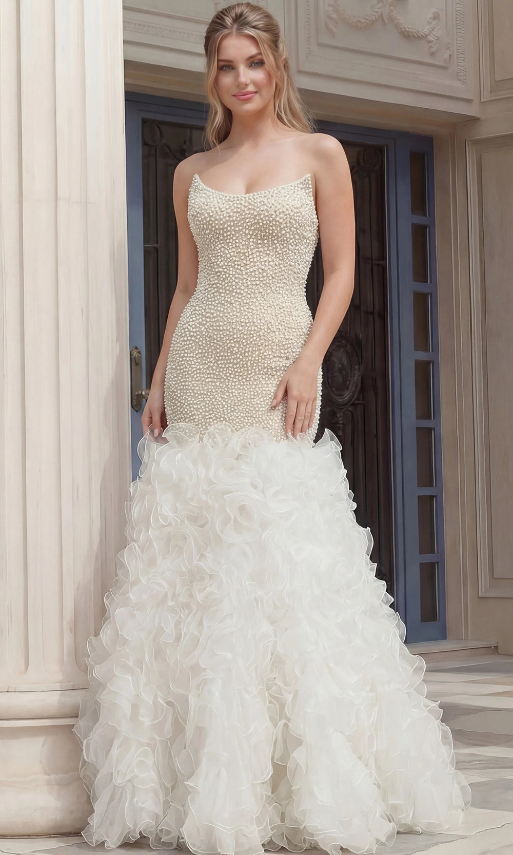 Jovani 45339 - Pearl Embellished Ruffle Mermaid Gown - designer wedding dress at Silhouette Dresses