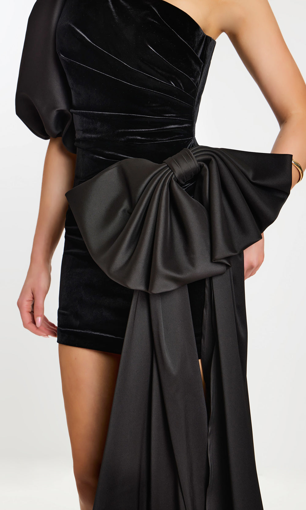 Jovani 45428 - Ruched One Shoulder Mini Dress with Bow Accent - detail view