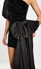 Jovani 45428 - Ruched One Shoulder Mini Dress with Bow Accent - detail view