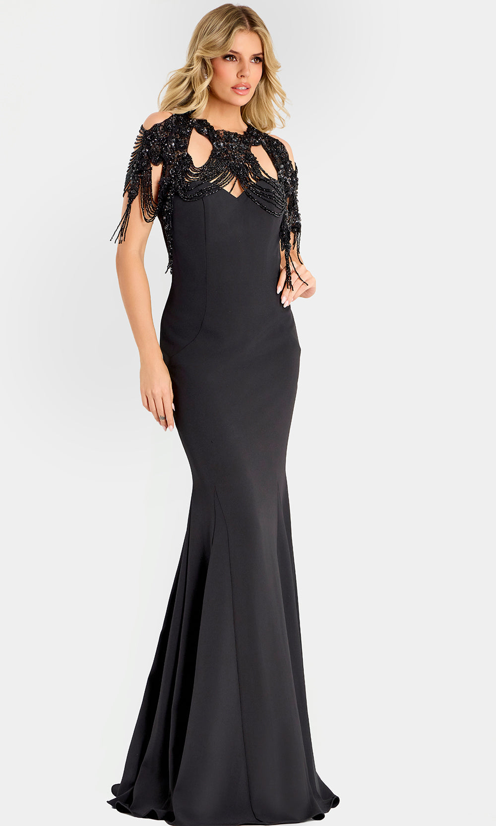 Jovani 45442 - Beaded Shoulder Cape Mermaid Evening Gown - back view