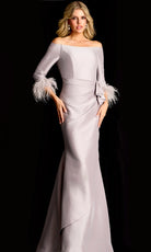 Jovani 45515 - Feathered Sleeve Cuff Draped Evening Gown - back view