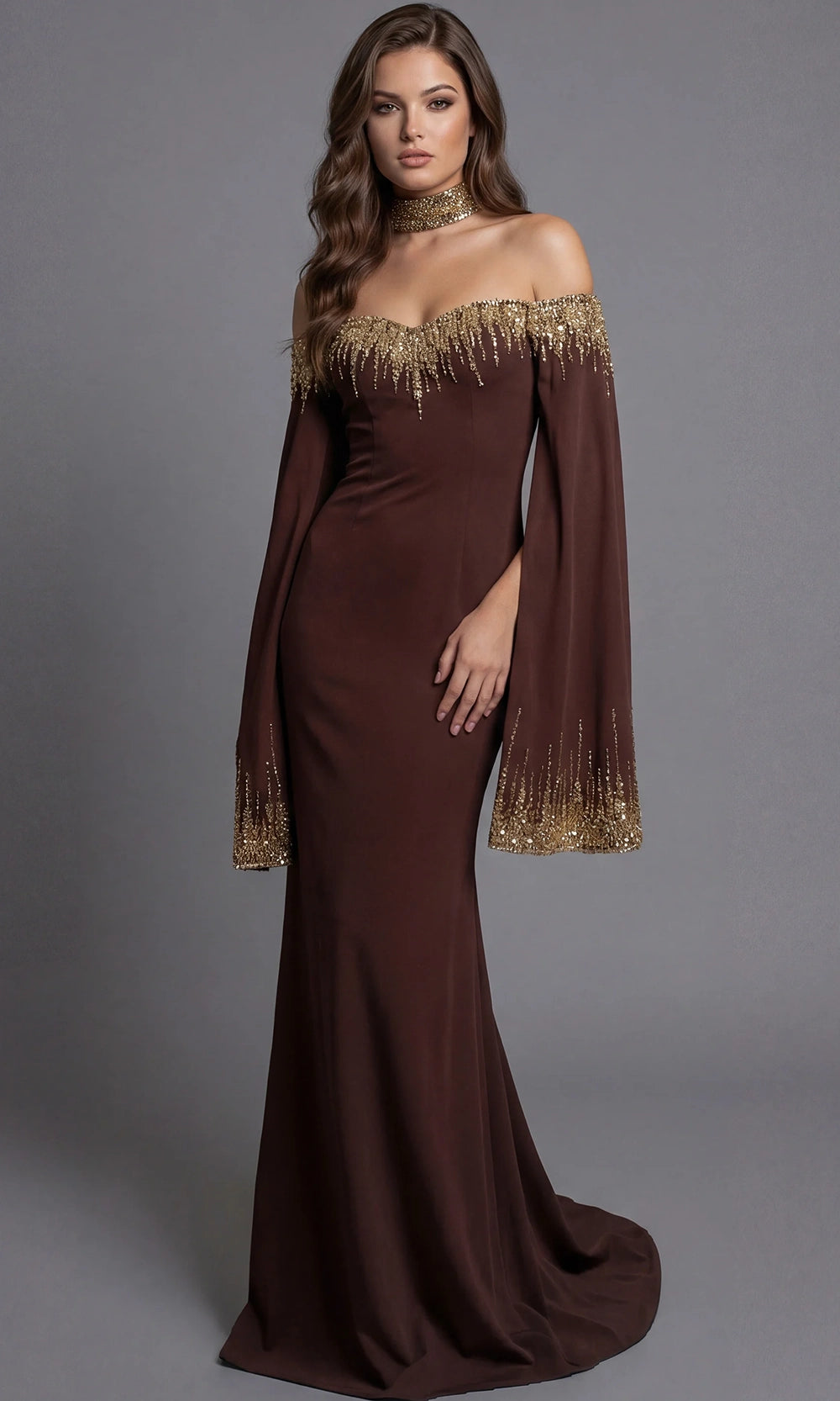 Jovani 45535 - Bell Sleeve Beaded Ornate Evening Gown - back view