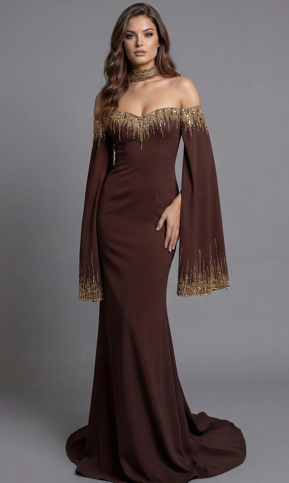 Jovani 45535 - Bell Sleeve Beaded Ornate Evening Gown - designer prom dress at Silhouette Dresses