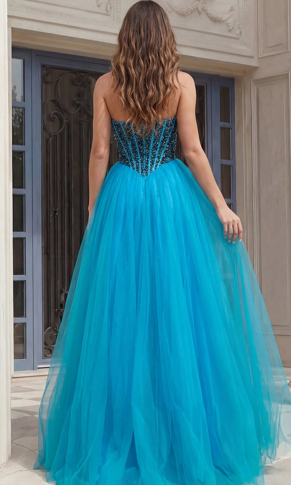 Jovani 45539 - Beaded Corset Layered Tulle Ballgown - back view