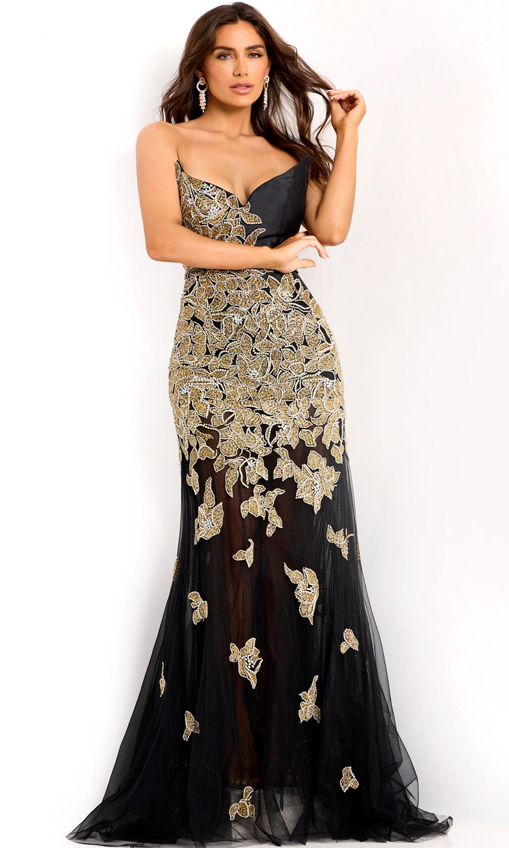 Jovani 45604 - Beaded Applique V-Neckline Evening Gown - detail view