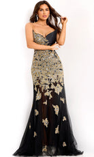 Jovani 45604 - Beaded Applique V-Neckline Evening Gown - detail view