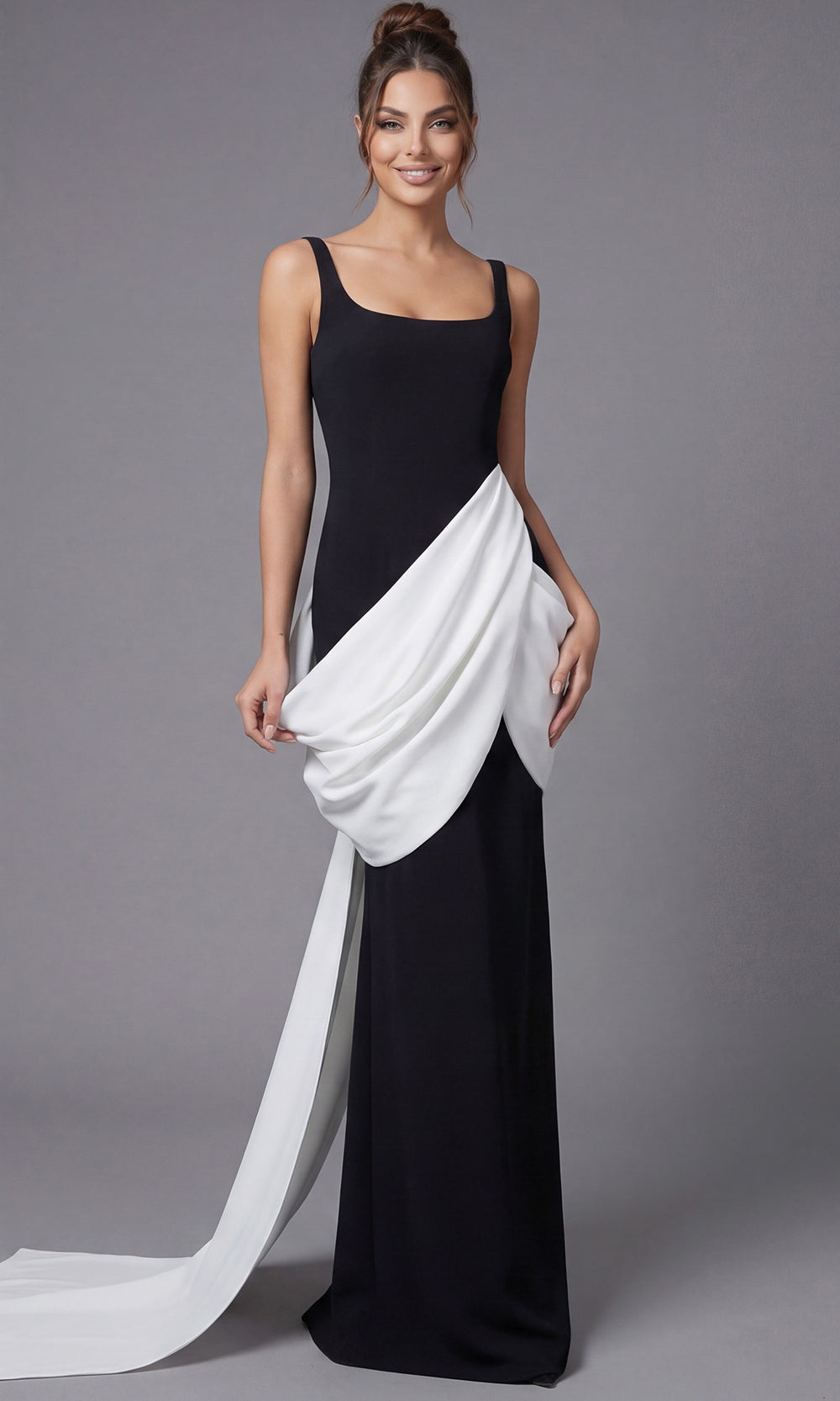 Jovani 45619 - Square Neck Draped Sheath Gown - detail view