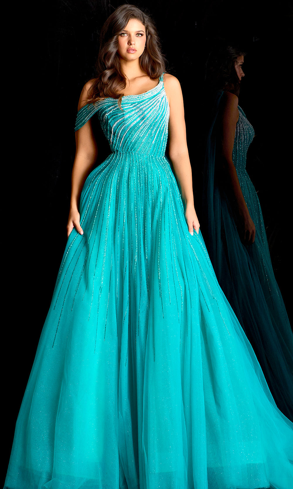 Jovani 45645 - Draped Shoulder Cape Embellished A-Line Gown - designer prom dress at Silhouette Dresses