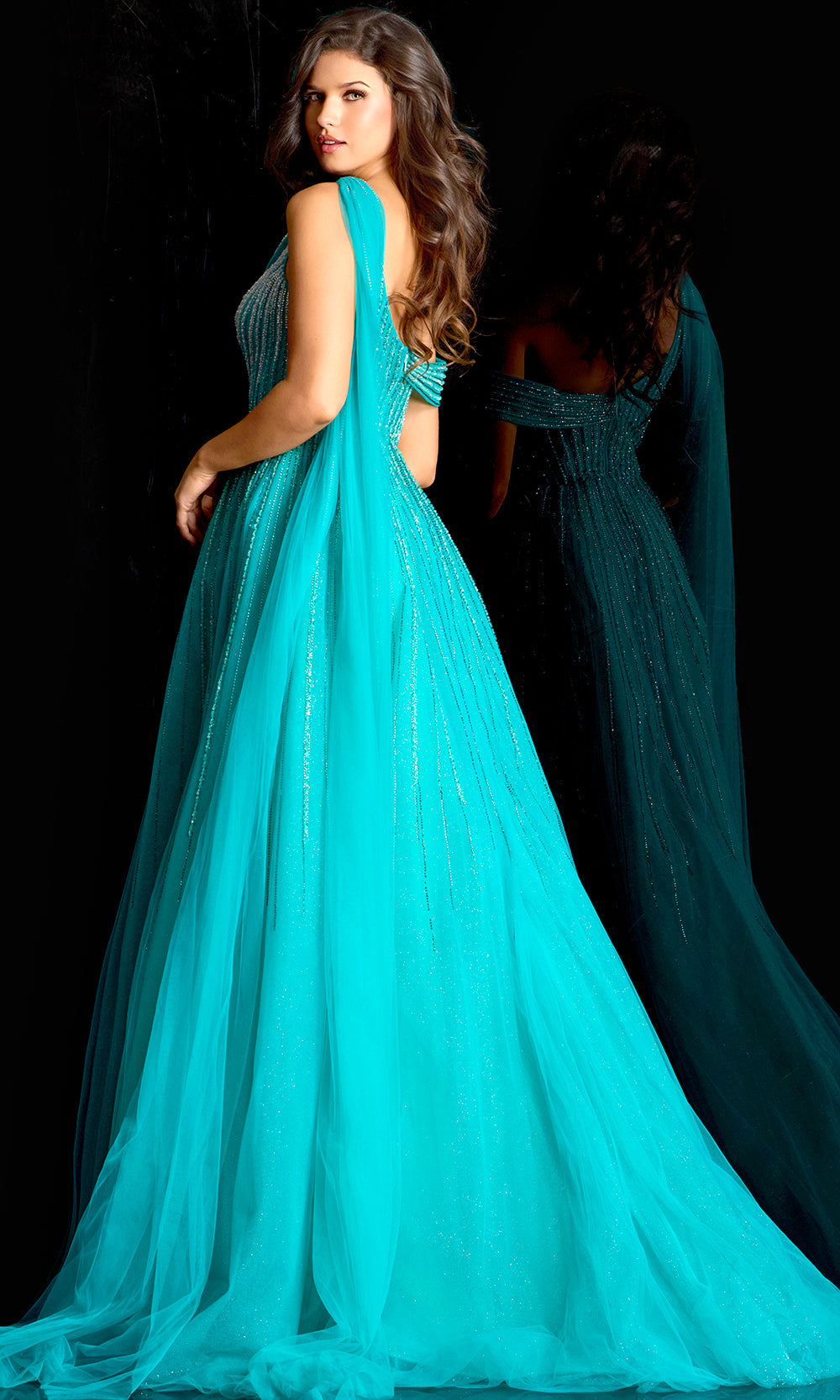 Jovani 45645 - Draped Shoulder Cape Embellished A-Line Gown - back view