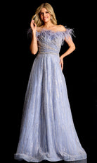 Jovani 45647 - Beaded Tulle Off Shoulder Gown with Feathers - back view