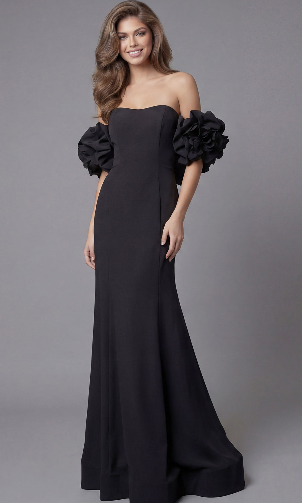 Jovani 45653 - Ruffled Off Shoulder Scuba Long Gown - designer prom dress at Silhouette Dresses