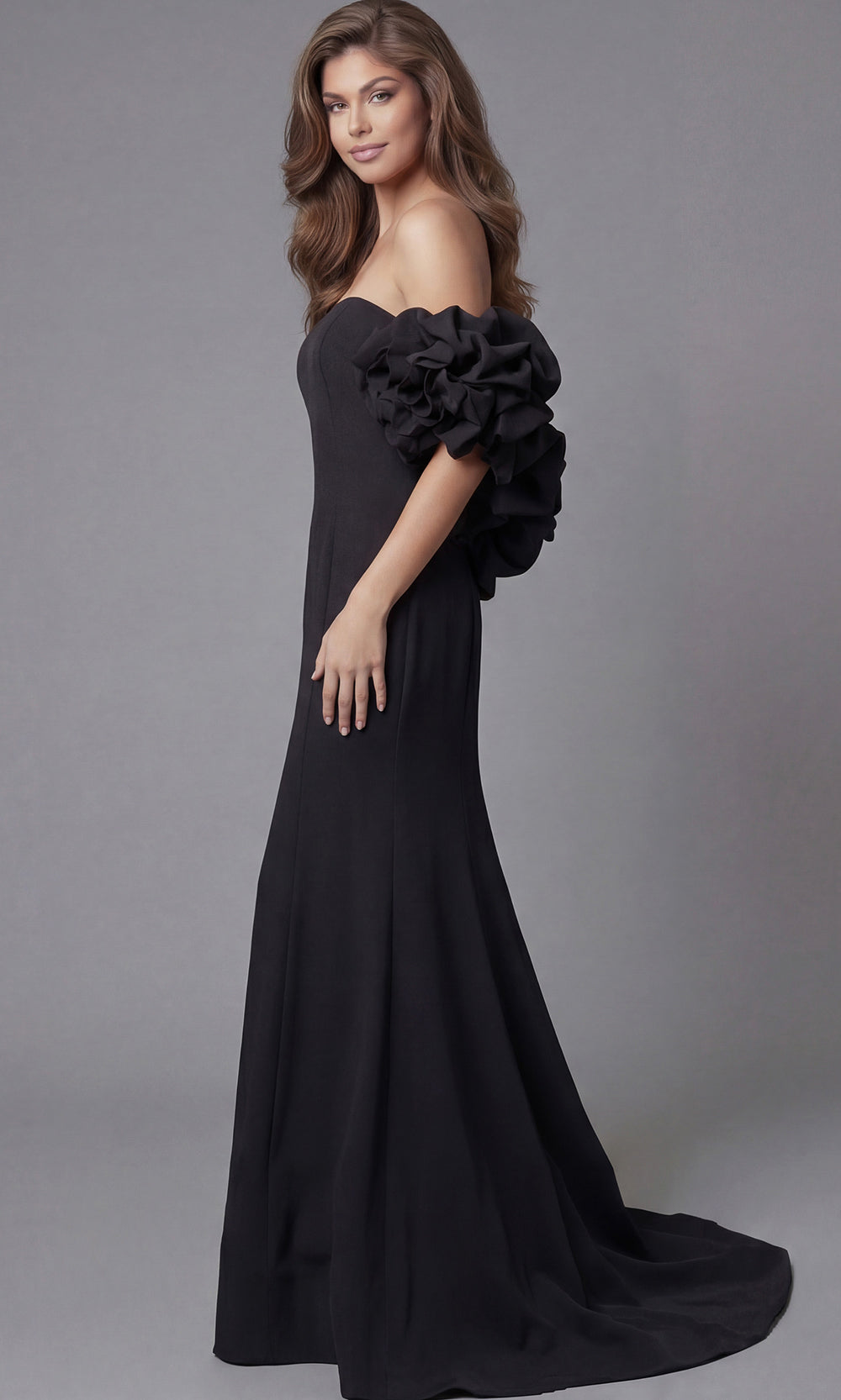Jovani 45653 - Ruffled Off Shoulder Scuba Long Gown - back view