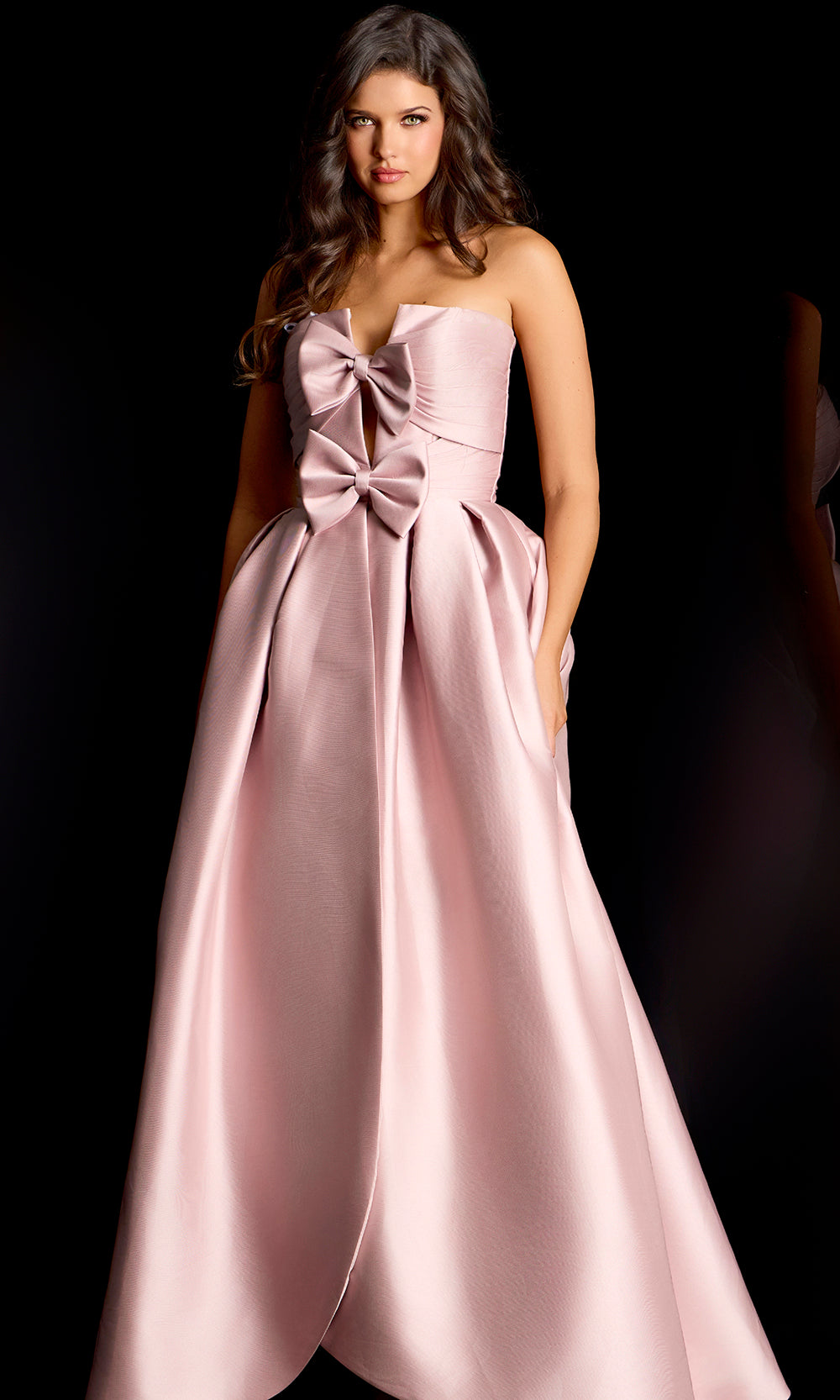 Jovani 45672 - Pleated Skirt Mikado Satin Gown with Front Bow - designer prom dress at Silhouette Dresses