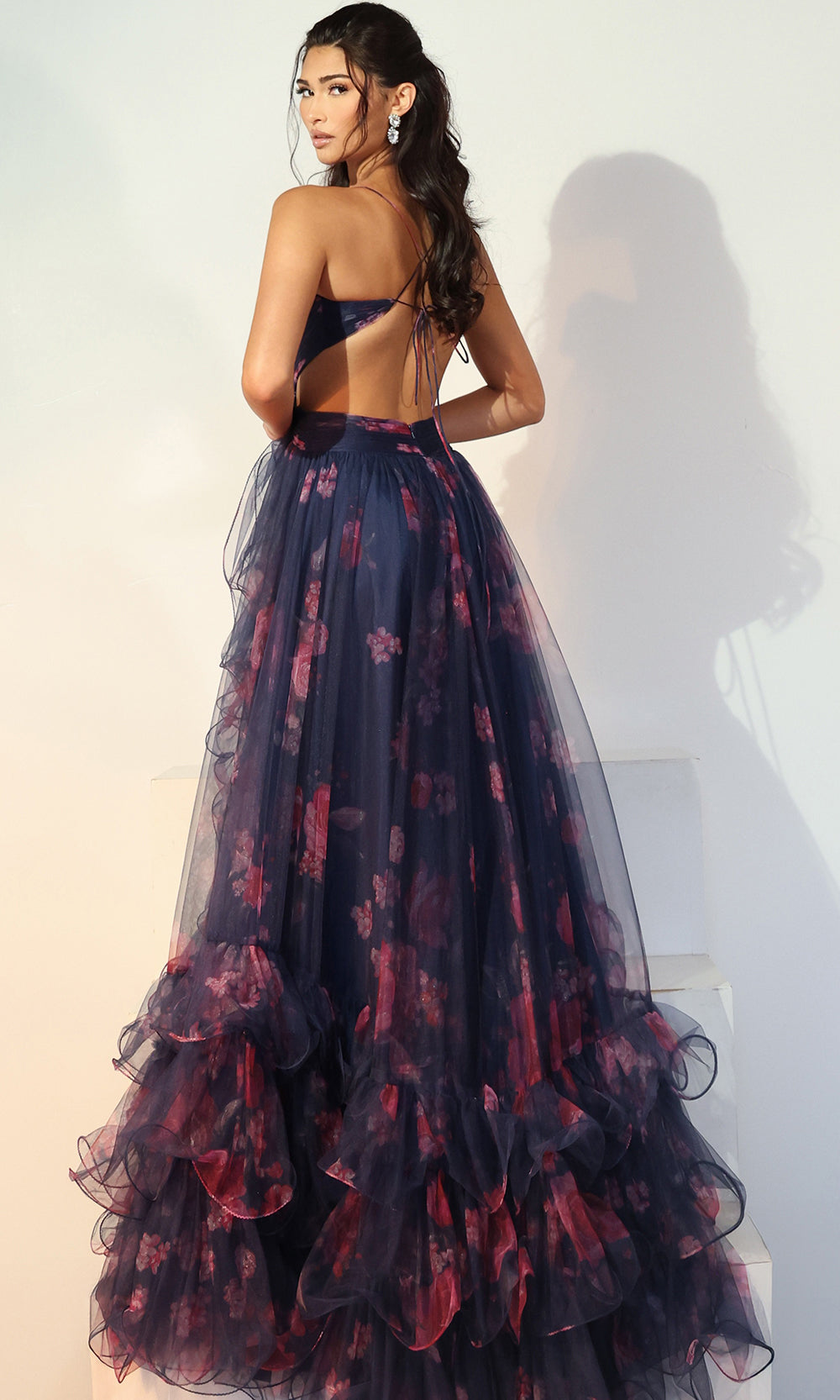 Jovani 45712 - Floral Print Ruffle A-Line Prom Gown - detail view