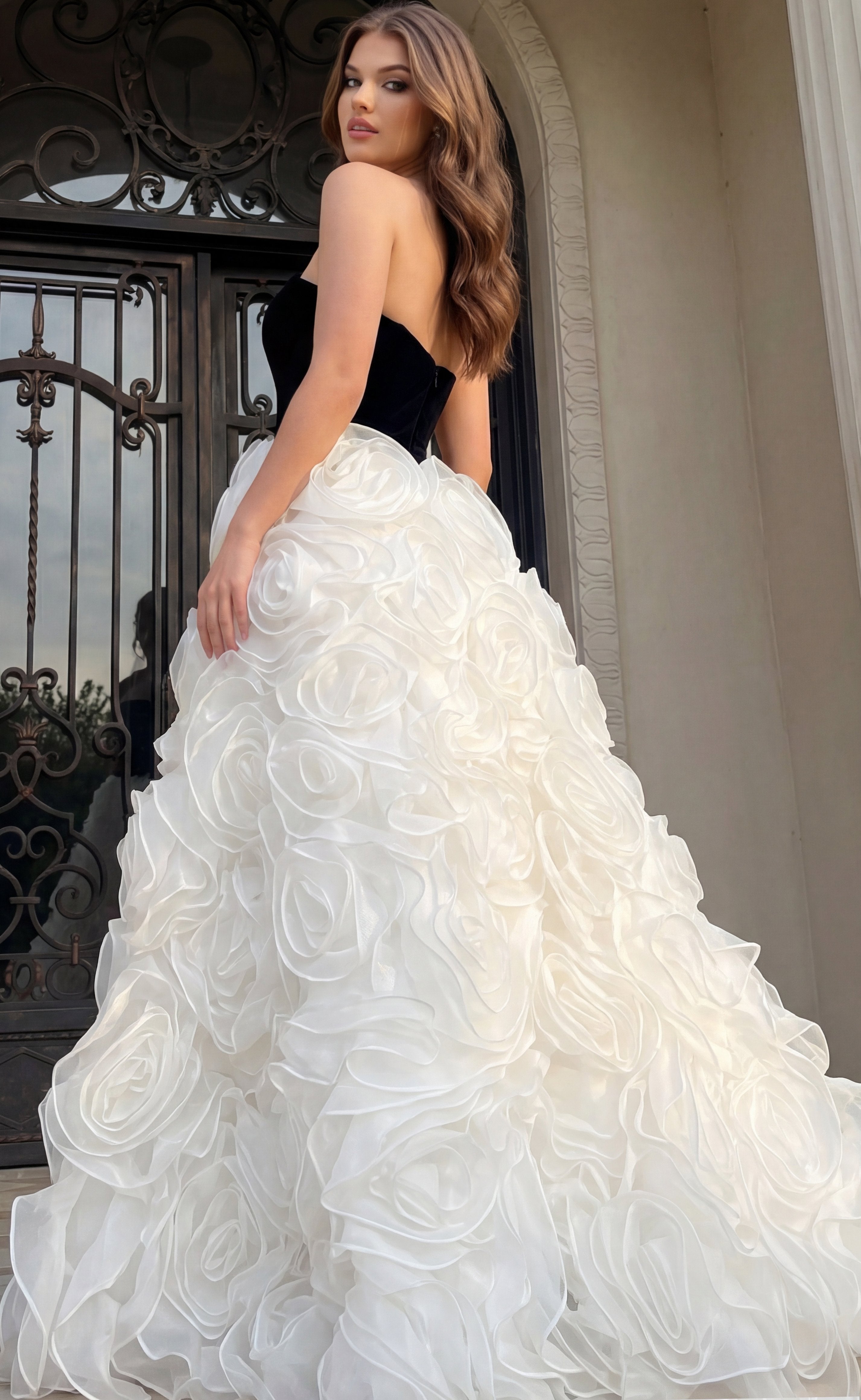 Jovani 45883 - Rosette Skirt Straight Neckline Prom Gown - back view