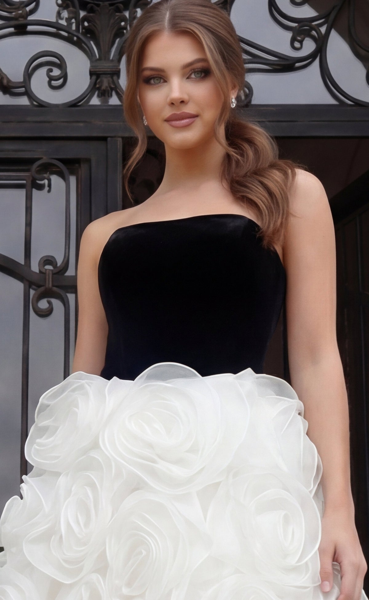 Jovani 45883 - Rosette Skirt Straight Neckline Prom Gown - detail view