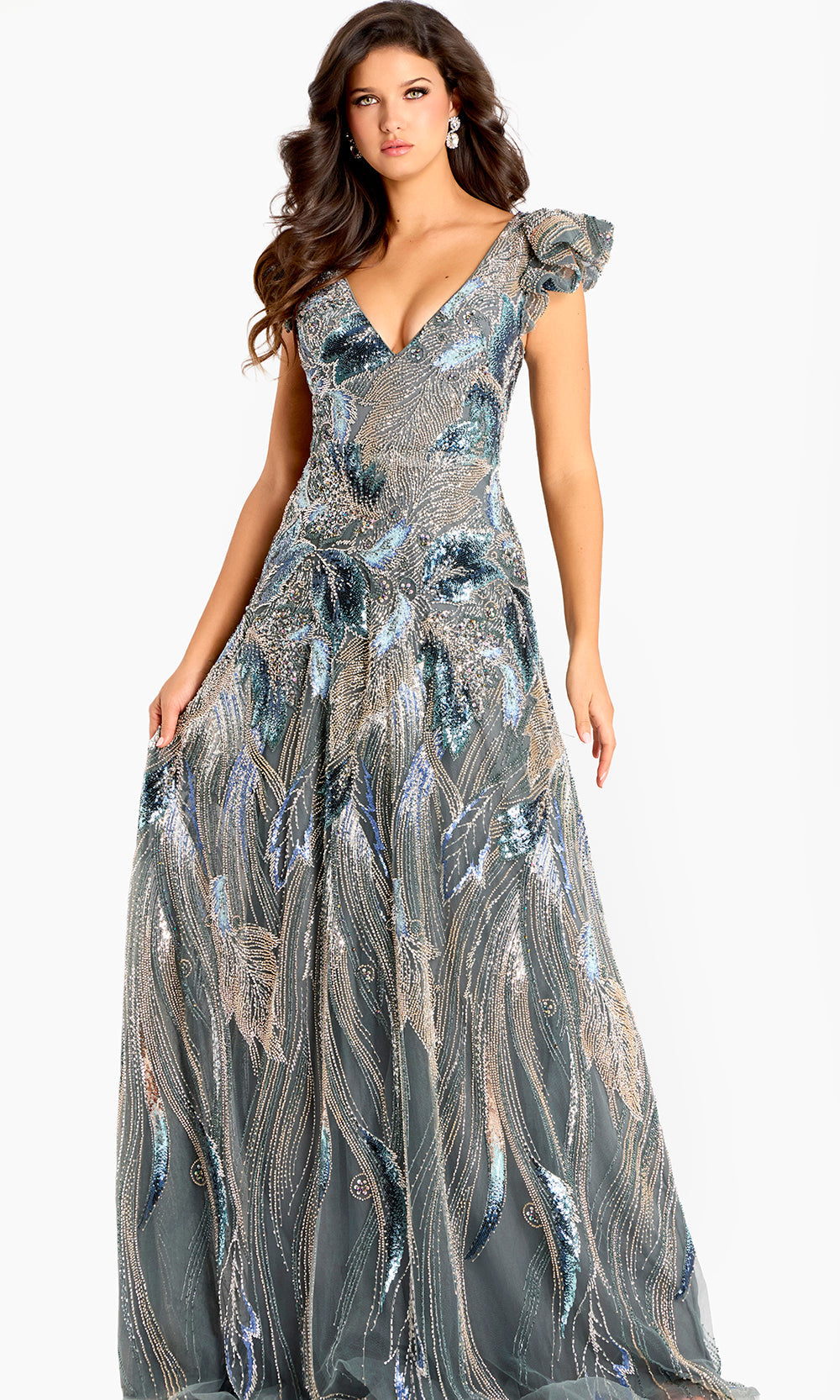 Jovani 45942 - Ruffled Cap Sleeve Sequin Evening Gown - designer formal gown at Silhouette Dresses