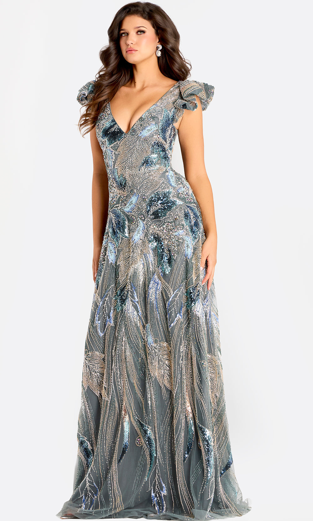 Jovani 45942 - Ruffled Cap Sleeve Sequin Evening Gown - view 4