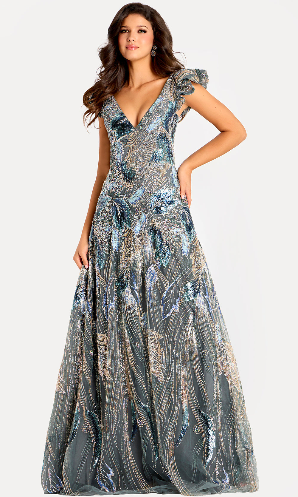 Jovani 45942 - Ruffled Cap Sleeve Sequin Evening Gown - back view