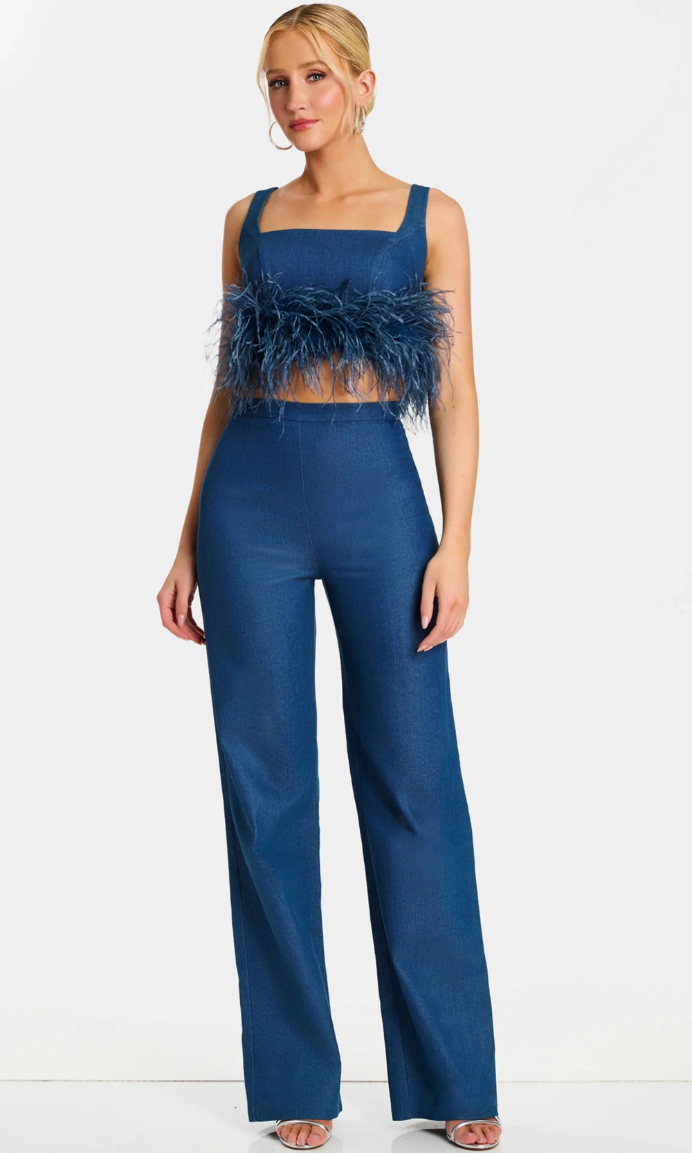 Jovani 45973 - Feather Trim Square Neck Two Piece Pantsuit - designer formal jumpsuit at Silhouette Dresses