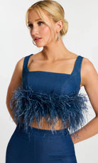 Jovani 45973 - Feather Trim Square Neck Two Piece Pantsuit - detail view