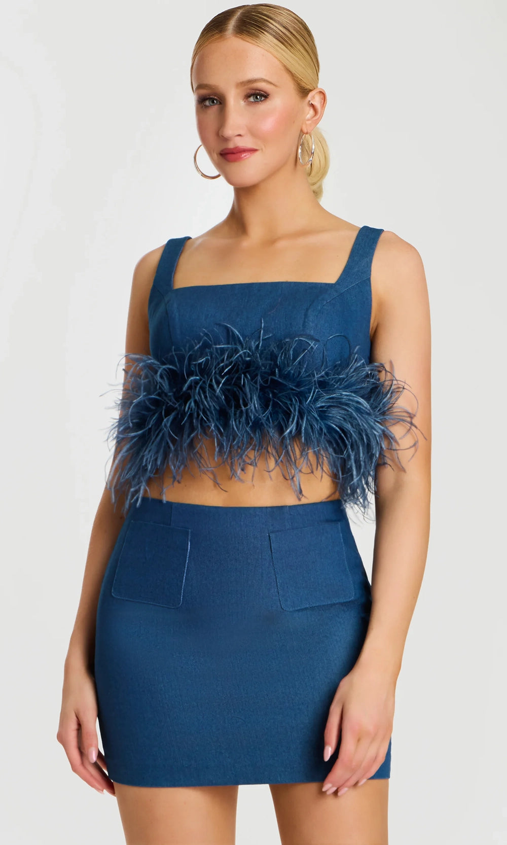 Jovani 45974 - Feather Trim Crop Top Denim Mini Dress - detail view