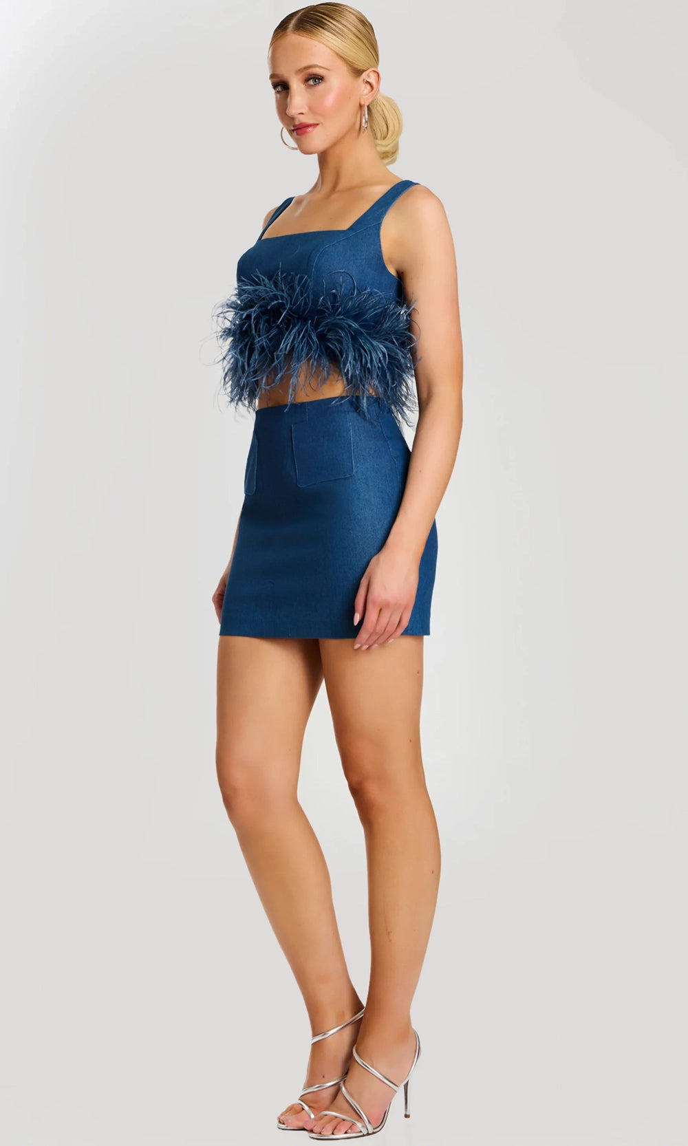 Jovani 45974 - Feather Trim Crop Top Denim Mini Dress - designer cocktail dress at Silhouette Dresses