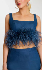 Jovani 45974 - Feather Trim Crop Top Denim Mini Dress - view 4