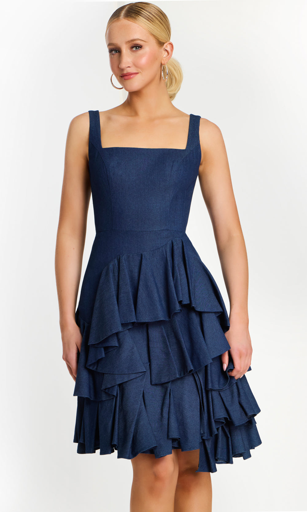 Jovani 45997 - Denim Square Neck Tiered Ruffle Dress - detail view