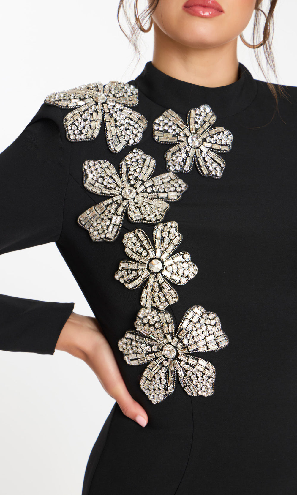 Jovani 46005 - Crystal Floral Applique Cutout Back Mini Dress - detail view