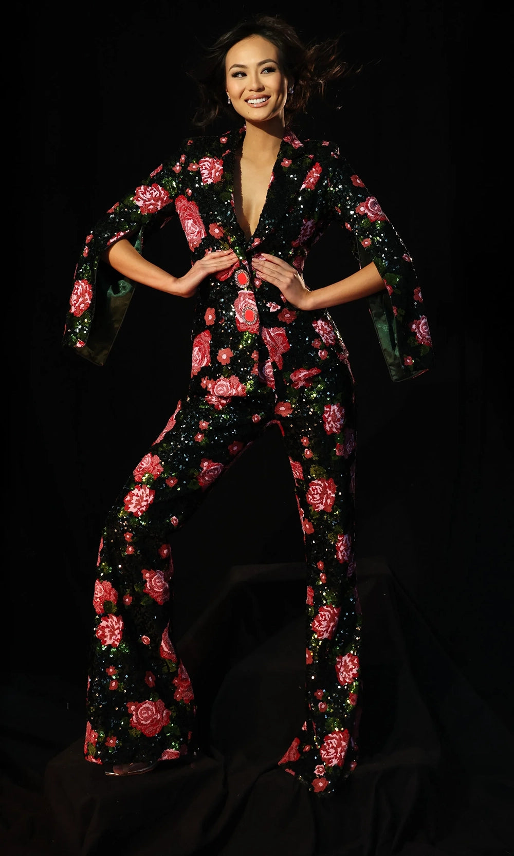 Jovani 46018 - Floral Sequin Jumpsuit with Split Sleeves - designer formal jumpsuit at Silhouette Dresses