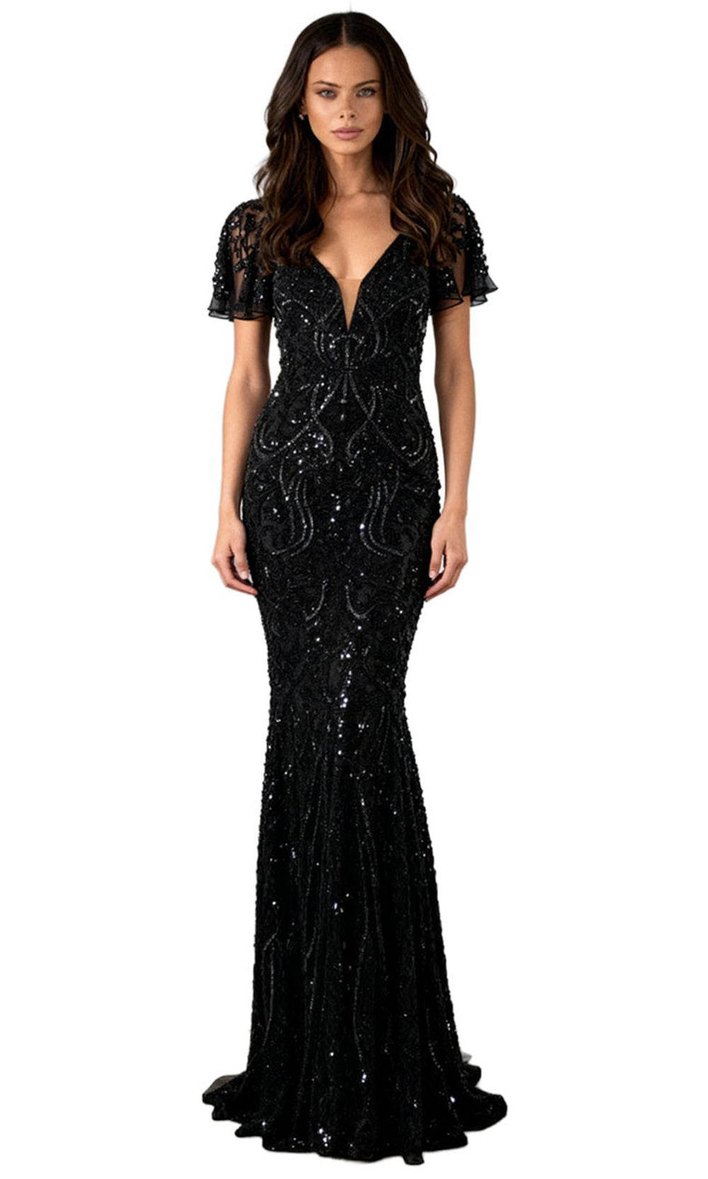 Jovani 46061 - Fully Beaded Flutter Sleeve Evening Gown - designer mother of the bride dress at Silhouette Dresses