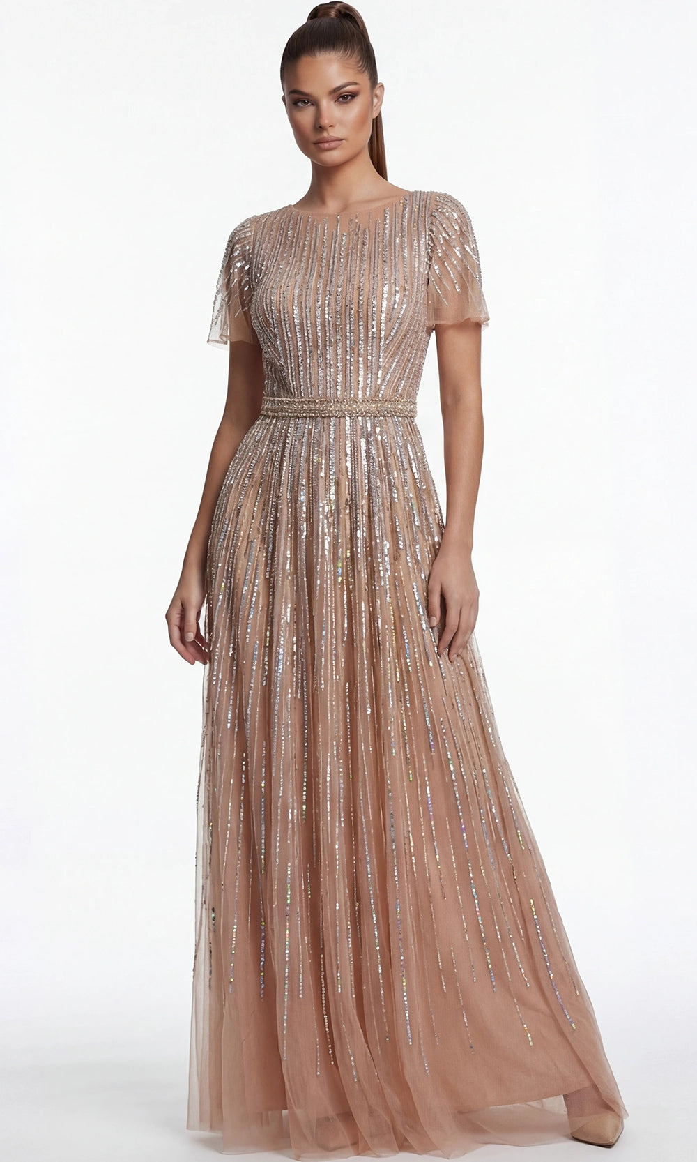 Jovani 46063 - Linear Beadwork Flutter Sleeve Evening Gown - back view