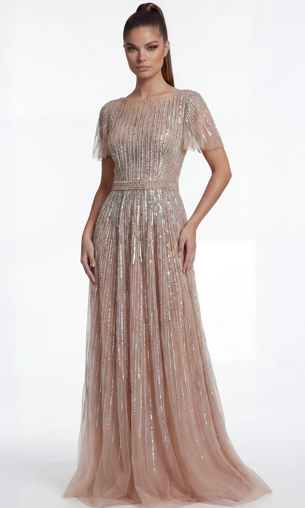 Jovani 46063 - Linear Beadwork Flutter Sleeve Evening Gown - designer prom dress at Silhouette Dresses