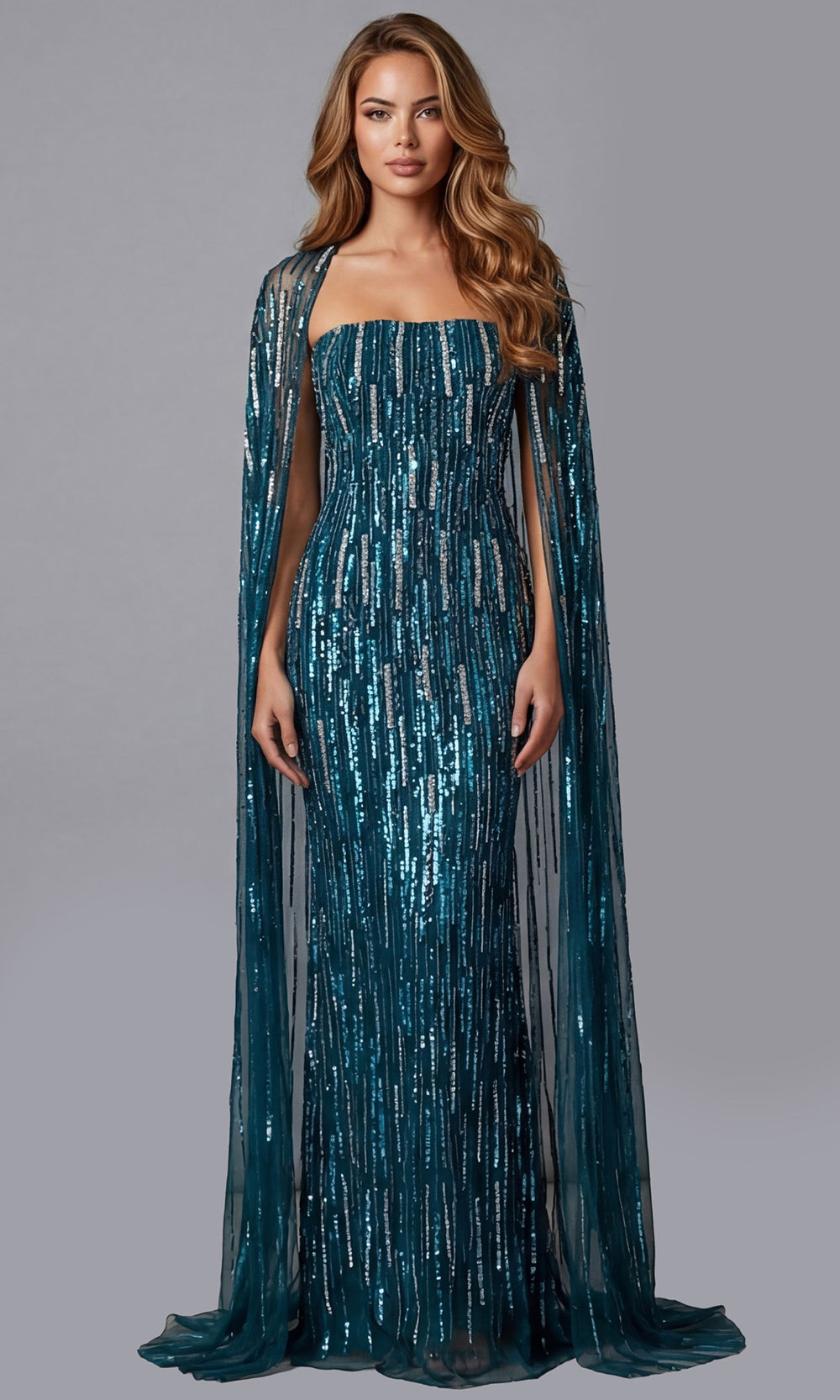 Jovani 46065 - Straight Neck Sequin Gown with Cape Overlay - designer mother of the bride dress at Silhouette Dresses