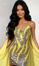 Jovani 46072 - Sequined Mini Dress with Dramatic Cape - designer formal gown at Silhouette Dresses