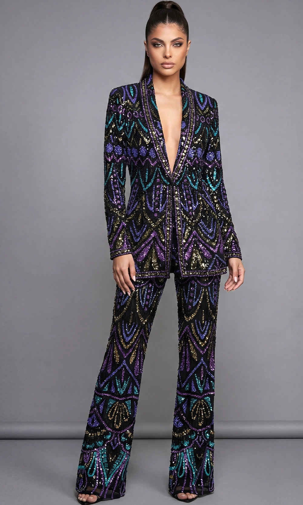 Jovani 46094 - Plunged Neck Geometric Sequin Pantsuit - designer formal jumpsuit at Silhouette Dresses