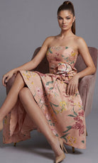 Jovani 46241 - Strapless Floral Print Tea-Length Dress - detail view