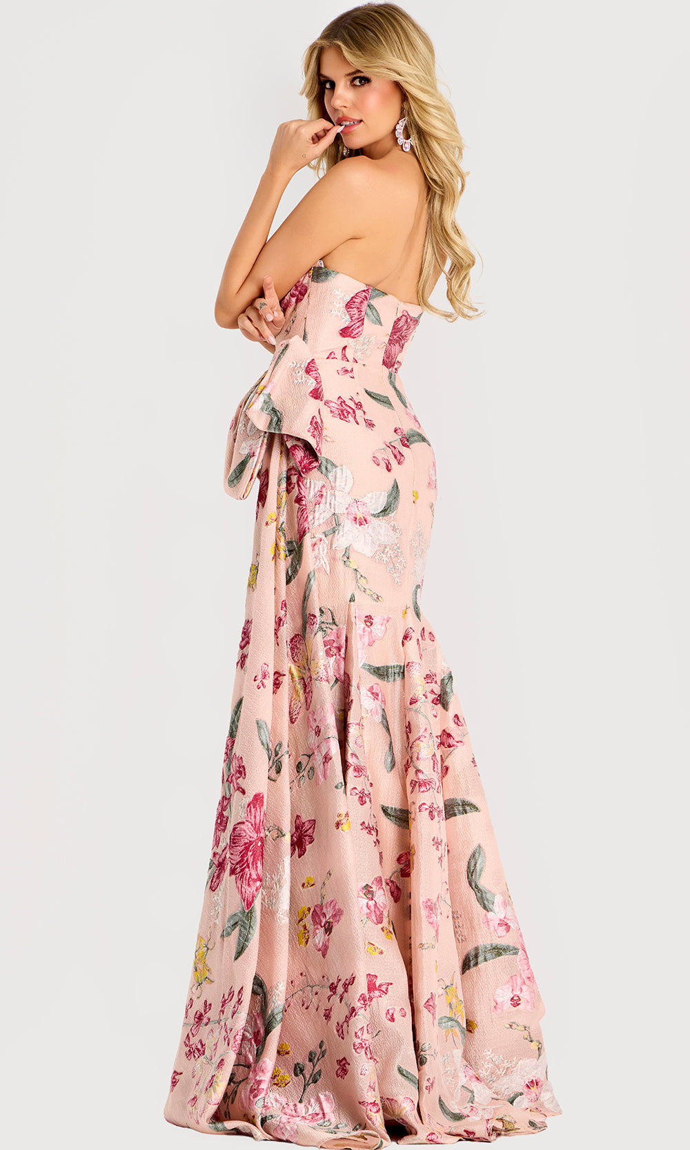 Jovani 46242 - Textured Floral Straight Neck Evening Gown - back view