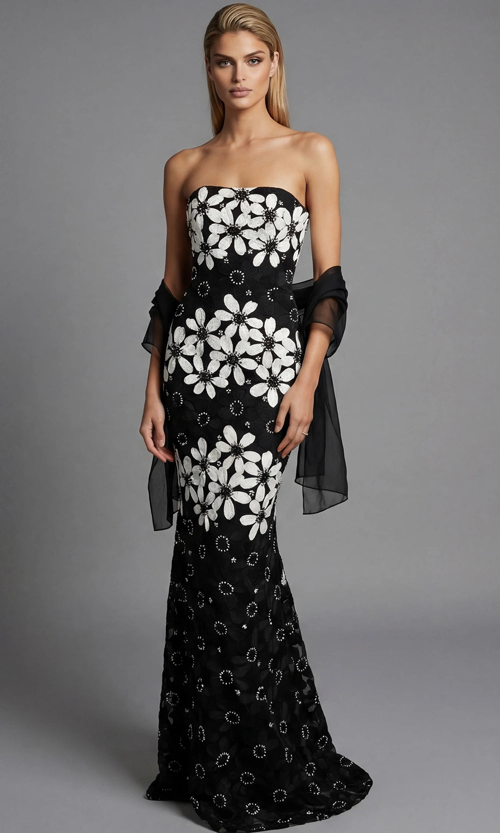 Jovani 46261 - Floral Applique Fitted Gown with Shawl - designer prom dress at Silhouette Dresses