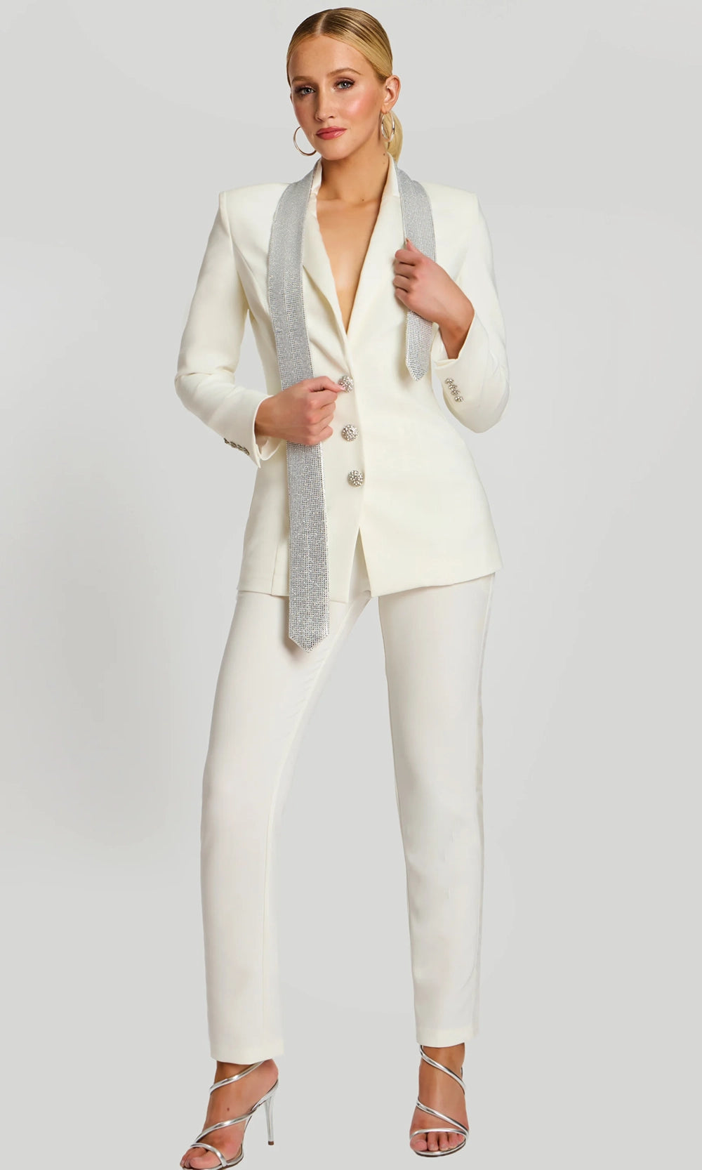 Jovani 46267 - Plunging Crepe Pantsuit with Embellished Neck Tie - designer formal jumpsuit at Silhouette Dresses