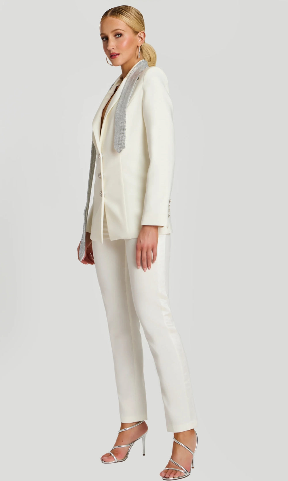 Jovani 46267 - Plunging Crepe Pantsuit with Embellished Neck Tie - back view