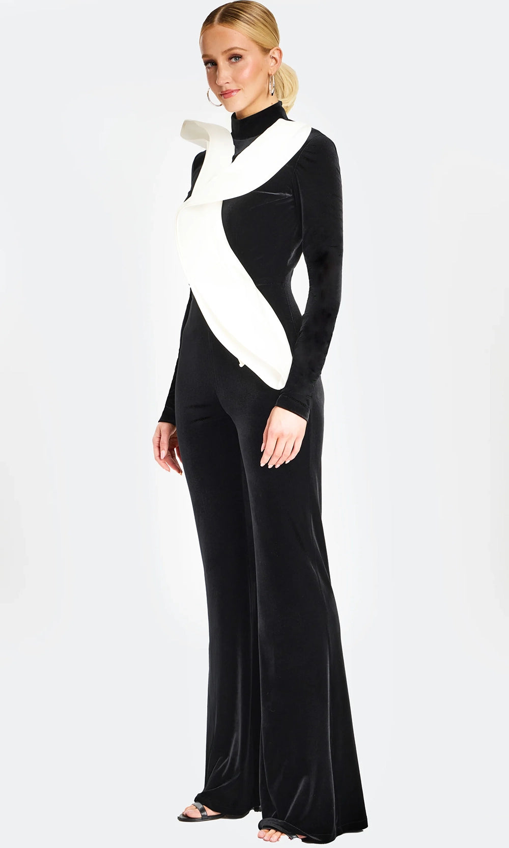 Jovani 46282 - Ruffle Detail Long Sleeve Velvet Jumpsuit - back view
